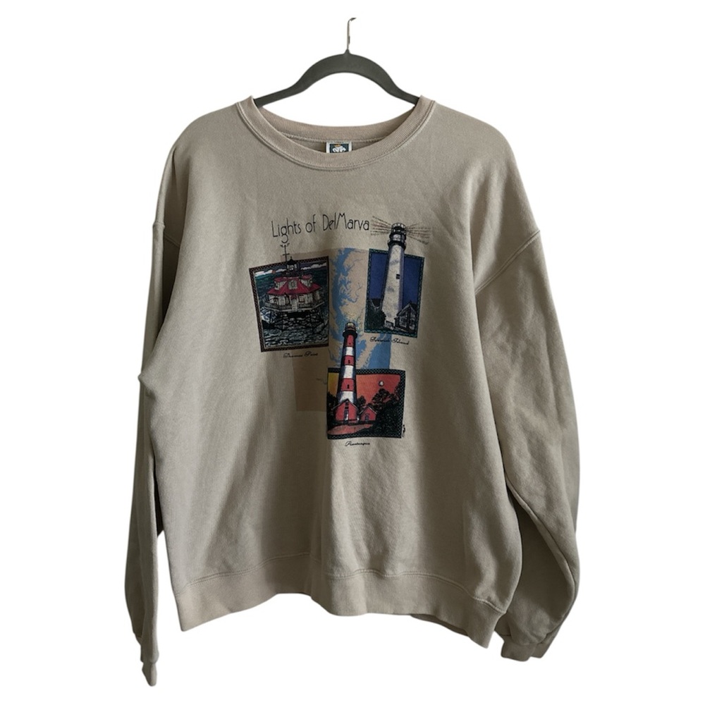 Vintage Lights of Delmarva Lighthouse Graphic Sweatshirt crew neck Tan size L
